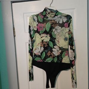AFRM Floral Long Sleeve Mesh Bodysuit in Black, Green, Pink